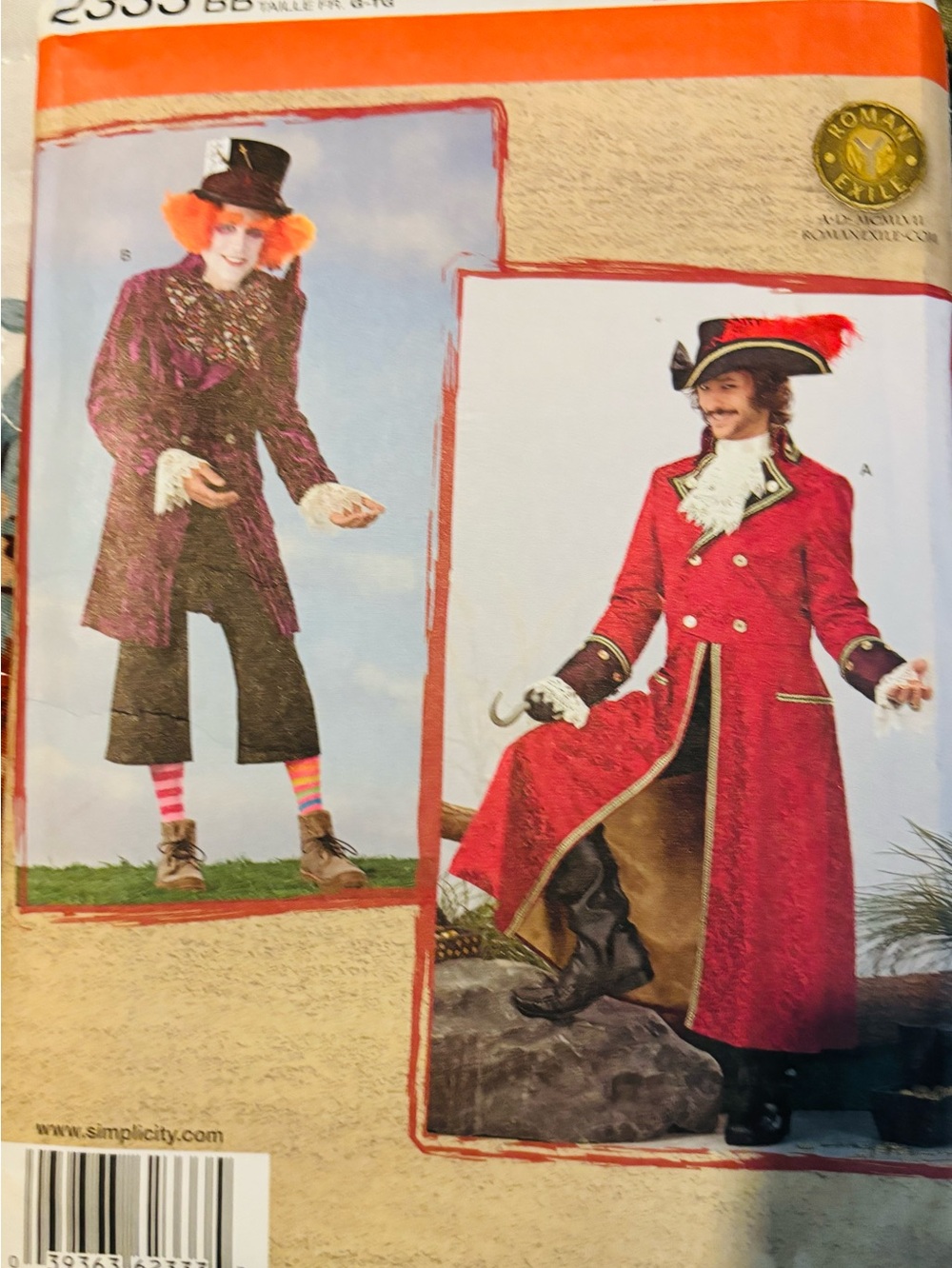 Adult Men’s Costumes Simplicity 2333 Size Adult L-XL New Uncut